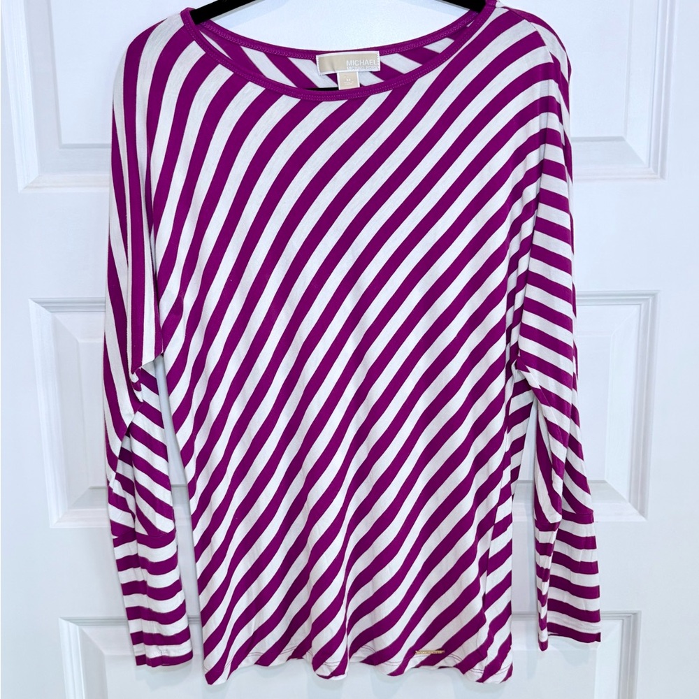 Michael Kors Striped Long Sleeve Top in Purple and White
